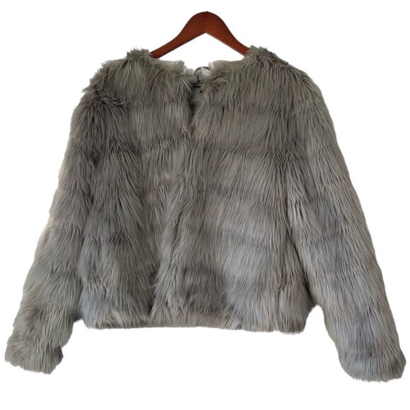 H & M Faux Fur Jacket Gray Coat Lined Womens L - Picture 1 of 13